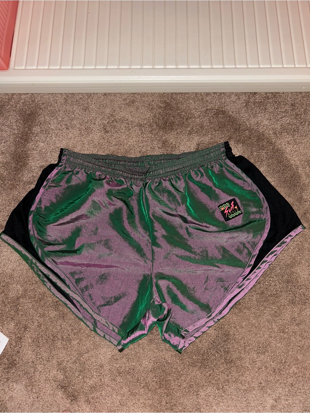 Vintage Surf Style Iridescent Running Shorts Large 80s 90s Neon Windbreaker
